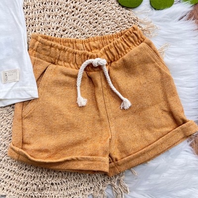 Conj. Camiseta e Bermuda em Moletinho - Off White e Mostarda